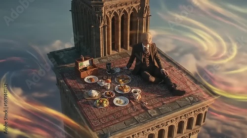 A whimsical scene of a person seated on a tower, enjoying a lavish picnic amidst swirling clouds