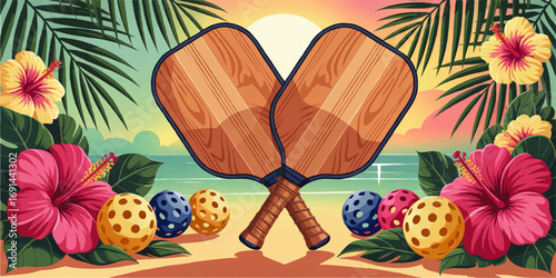 Tropical Pickleball Illustration with Wooden Paddles, Colorful Balls, Hibiscus Flowers, Palm Leaves, and Beach Sunset Background