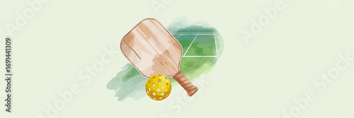 Watercolor Pickleball Paddle and Ball Illustration on Green Court Background – Sports Equipment Art for Fitness and Recreation Designs