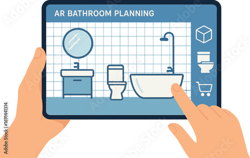 Planning a bathroom with augmented reality, holding a tablet that runs an AR interior design app for home renovation, shopping for sanitary ware virtually, and experiencing modern technology