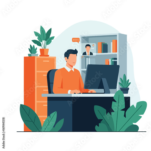 Man working from home office at computer.