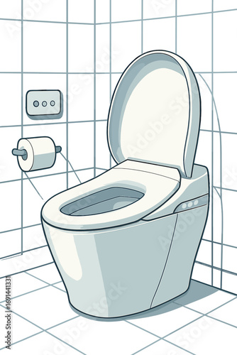 A contemporary bathroom features a futuristic, automatic toilet bowl