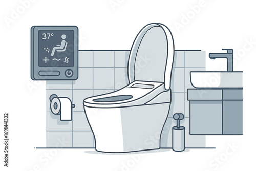Modern bathroom featuring a smart toilet with a digital interface