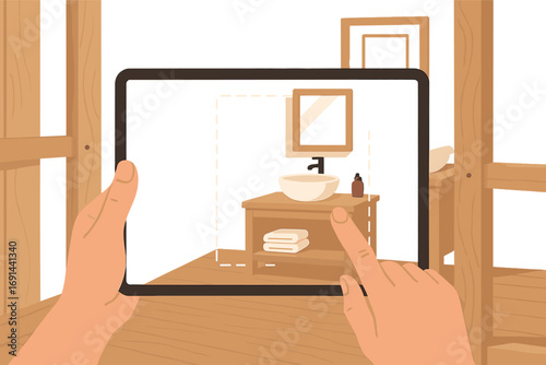 An augmented reality concept shows a hand holding a tablet that uses an AR app to simulate furniture and design items on an interior construction site, featuring a wooden, tranquil bathroom with a