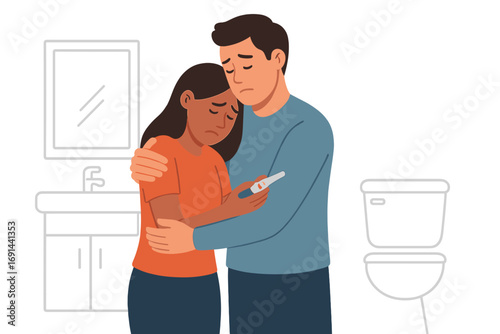 A sad couple hugs in the bathroom while taking a pregnancy test, feeling unhappy and depressed, seeking comfort in the results; they are pregnant, in a relationship, and use a medical stick for
