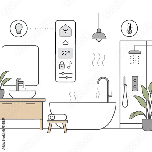A sleek, futuristic bathroom that incorporates automated smart home technology, a clean minimalist design, and natural elements to create a tranquil spa‑like ambiance