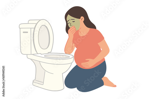 A pregnant woman experiencing toxicosis is near the toilet bowl in the bathroom