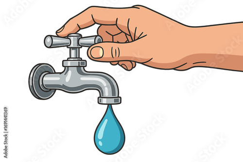 A close-up of a person turning off a chrome faucet, with a large water droplet hanging