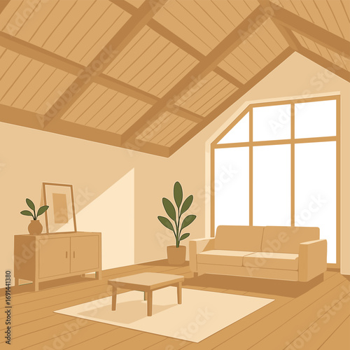 A calm, minimalist interior in a contemporary attic, with warm wooden floors, large windows, and a high timber ceiling, illuminated by natural light, highlighting its potential for peaceful living