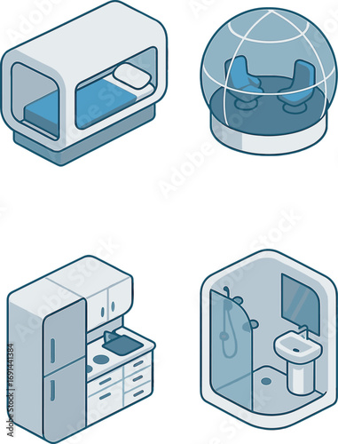 Isometric vector illustration of a space hotel interior icon set featuring futuristic living modules for space tourism, including a sleeping pod, observation dome, kitchen galley, and bathroom