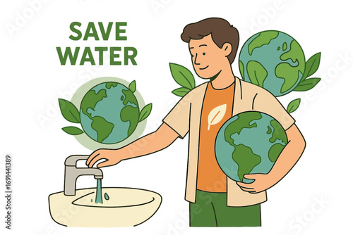 Conserve water by having volunteers routinely turn off the bathroom tap to protect the environment, green the planet, curb global warming, safeguard the world, life, and future, reduce energy risks
