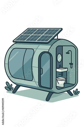 A futuristic, eco-friendly pod featuring sleek, modern design, self-sufficiency with solar panels and an integrated bathroom, exemplifying sustainable innovation for off-grid living