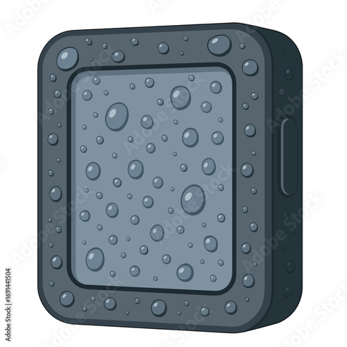 A close-up of a water‑resistant device draped in condensation droplets, ideal for showcasing technology, security, or bathroom themes with a clean, modern aesthetic, perfect for websites, blogs, and