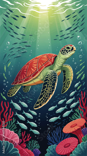 Vibrant Underwater Scene with Sea Turtle, Colorful Coral Reef, School of Fish and Sunlight – Vector Ocean Wildlife Illustration