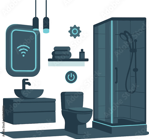 A sleek, modern bathroom design powered by IoT, featuring stylish fixtures, glowing lighting accents, and minimalist décor for a futuristic, high‑tech ambiance