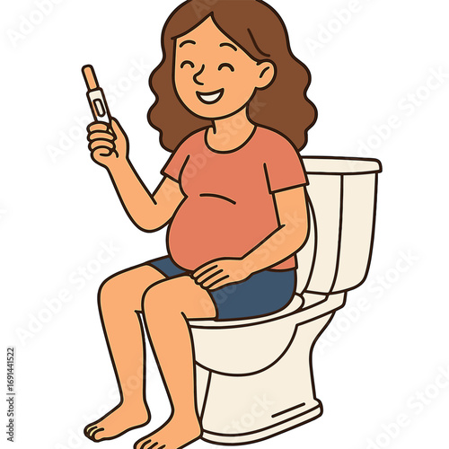 A cheerful young woman sits on the toilet bowl in the bathroom holding a pregnancy test