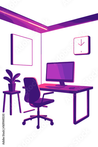A sleek, futuristic workspace interior illuminated by vivid pink and purple neon lights