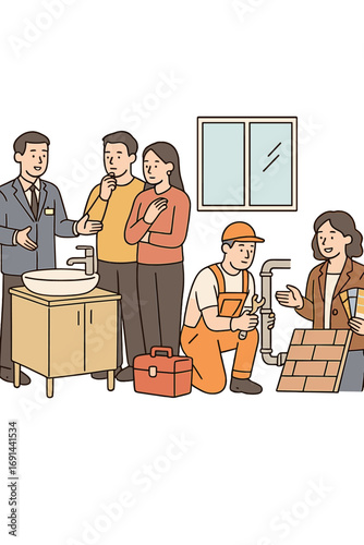 The sales manager assists clients in selecting a bathroom set, choosing a sink type, arranging water tubing, coordinating future flat plumbing repairs, while the interior designer discusses finishing