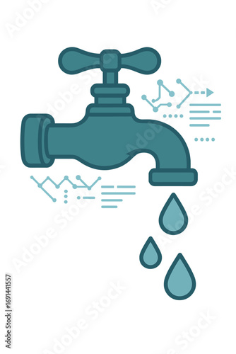 A close-up of a faucet dripping water illustrates the smart water grid concept, highlighting water optimization techniques, water economy, environmental solutions, and modern digital technology for