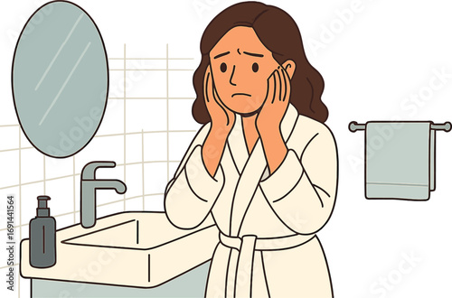 A young woman in a white bathrobe appears anxious and distressed while in the bathroom