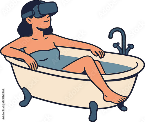 A woman enjoys a bath in the Metaverse, relaxing in a virtual reality bath tube, vector illustration