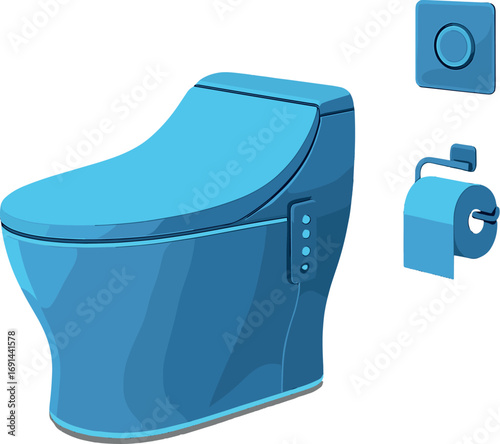 Modern bathroom featuring a futuristic smart toilet with blue light design