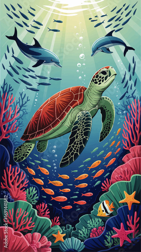 Vibrant Underwater Scene with Sea Turtle, Dolphins, Colorful Coral Reef and Tropical Fish in Sunlit Ocean Illustration