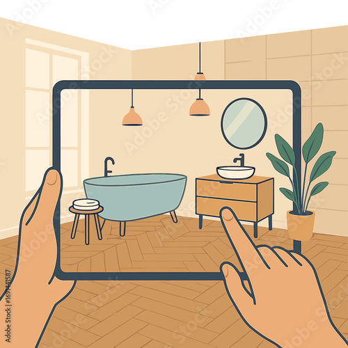 An augmented reality concept shows a hand holding a tablet running an AR app that simulates furniture and design items in an empty interior with parquet flooring and a luxurious bathroom featuring a