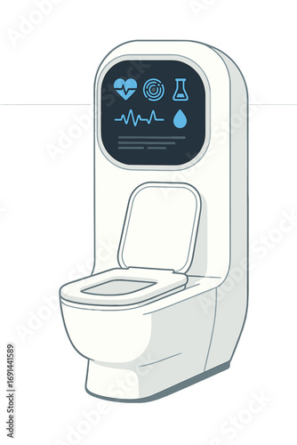 A sleek, white health pod with a smart toilet in a modern marble bathroom, engineered for advanced health monitoring