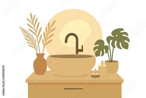 A natural minimalist bathroom featuring a stone sink, candles, AI-driven ambient lighting, and eco-friendly decor for wellness, integrated ambient technology, and a slow-living vibe