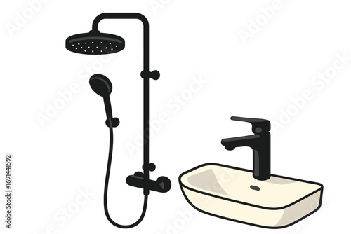 The modern black faucet and shower system greatly improves the bathroom’s overall design, turning it into a luxurious space ideal for relaxation and future renovations or upgrades