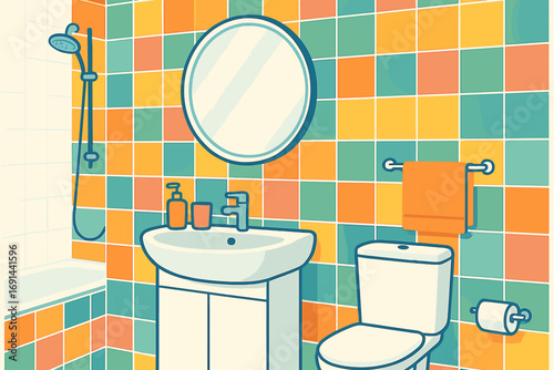 e features a bright bathroom adorned with vibrant tiles, a circular mirror, and contemporary fixtures