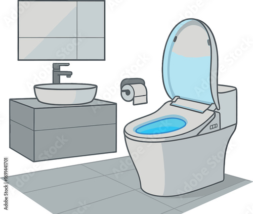 Modern bathroom design featuring a smart toilet with LED lighting
