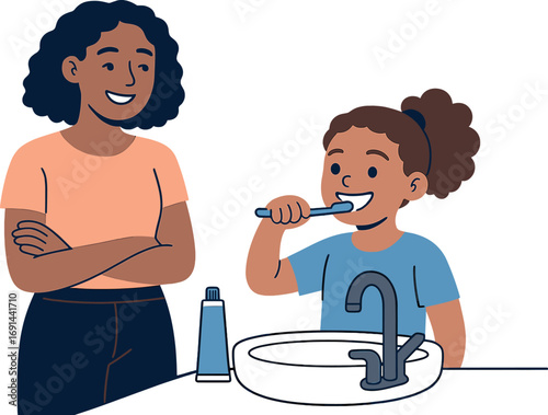 Ensuring her smile shines as brightly as her future, a shot of a beautiful young mother watching her daughter brush her teeth in the home bathroom