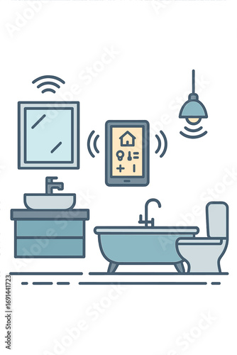 Contemporary bathroom featuring a digital control panel and smart home lighting