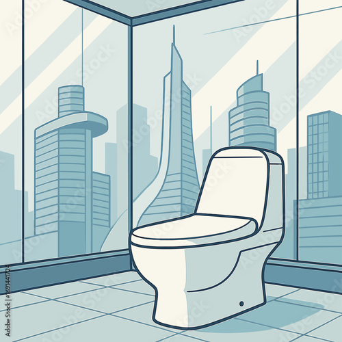 Modern toilet design featuring a futuristic urban architectural concept in a bright, contemporary space