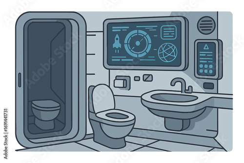 Advanced technology displays and controls in a futuristic spacecraft lavatory