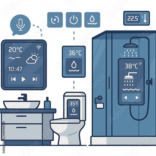 High-tech bathroom featuring smart appliances with display screens and voice-controlled settings, embodying smart home concepts and advanced AI
