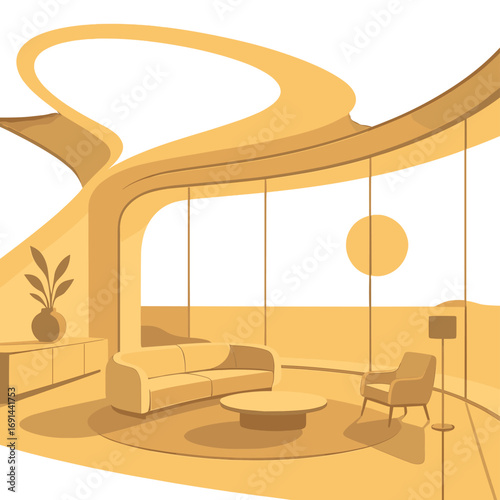 A minimalist luxury living room featuring curved architecture and a panoramic ocean view, illuminated by golden sunlight, with a modern, futuristic interior design
