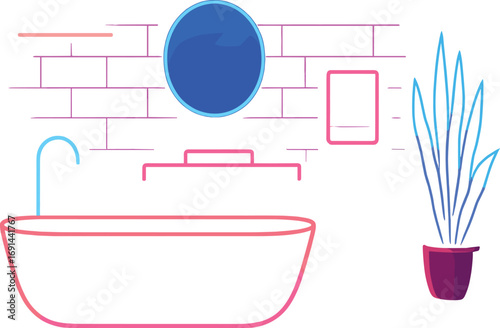 A contemporary bathroom illuminated by bright neon lights, a chic bathtub, and verdant plants, creating a luxurious atmosphere