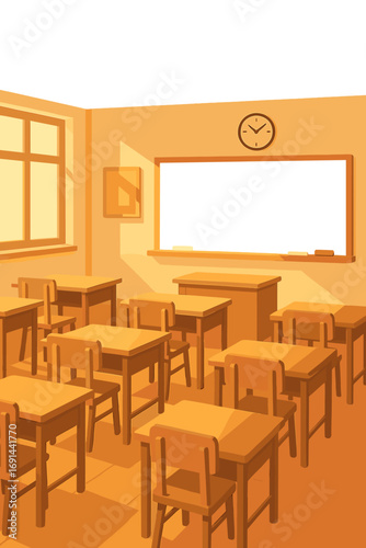 A welcoming classroom illuminated by sunlight, wooden desks ready for students, a blackboard prepared for lessons, nurturing learning and growth