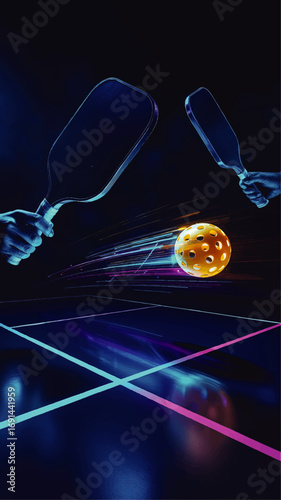 Dynamic Neon Pickleball Match Concept Art – Fast Action, Paddle, and Ball Motion on Futuristic Blue Court