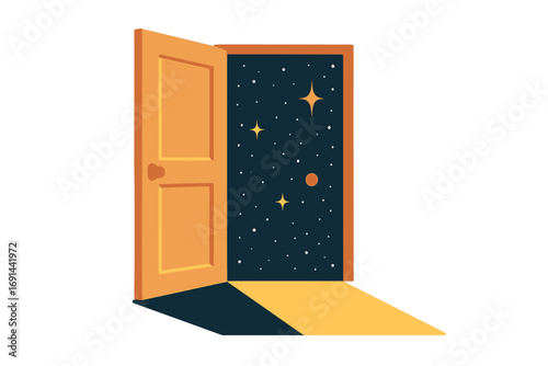Open Door to the Cosmos: A sunlit portal leads into a star-filled sky, representing opportunity, change, and the unknown