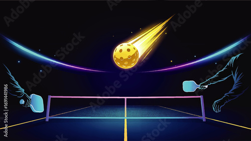 Futuristic Pickleball Match Illustration – Neon Colors, Dynamic Paddle Players, Glowing Court and Fast Flying Ball on Dark Background