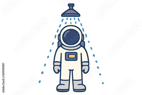 An astronaut stands in a shower, water jets pouring around them