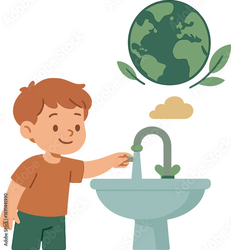 Conserve water: a young child repeatedly shuts off the bathroom tap to safeguard the environment, promoting a greener planet, mitigating global warming, protecting the world, life, and future