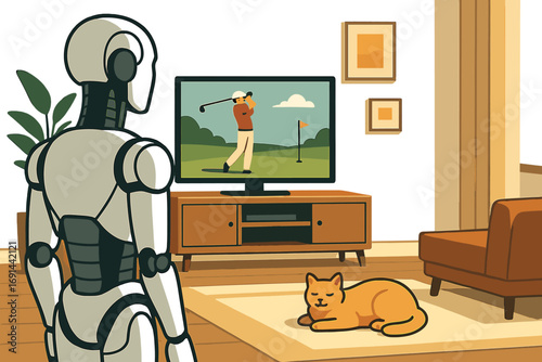 A humanoid robot watches a contemporary living room where a TV displays golf while a cat lounges on the floor in natural sunlight
