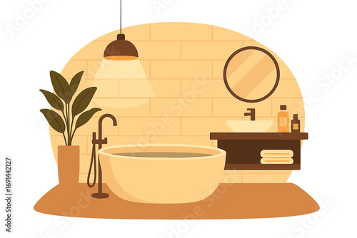 A contemporary bathroom with warm lighting and a luxurious bath