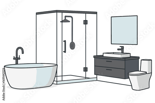 Contemporary bathroom featuring a freestanding tub and a glass-enclosed shower, presented as a 3D rendering