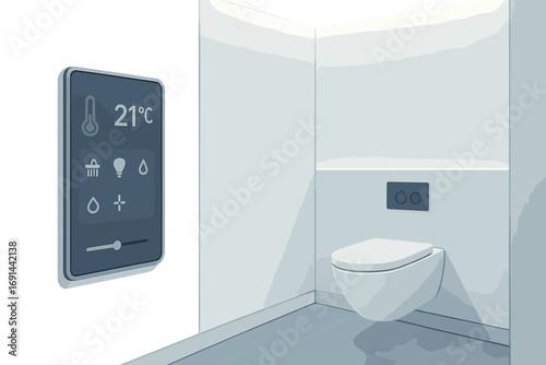 Contemporary smart bathroom featuring a digital touchscreen panel, wall‑mounted toilet, pristine white minimalist décor, indirect LED lighting, and a sleek, futuristic interior